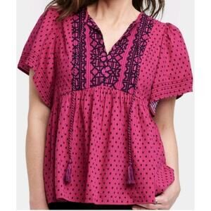 Knox Rose Flutter Sleeve Top Blouse Women's Size Large Fuchsia Pink W/ Black